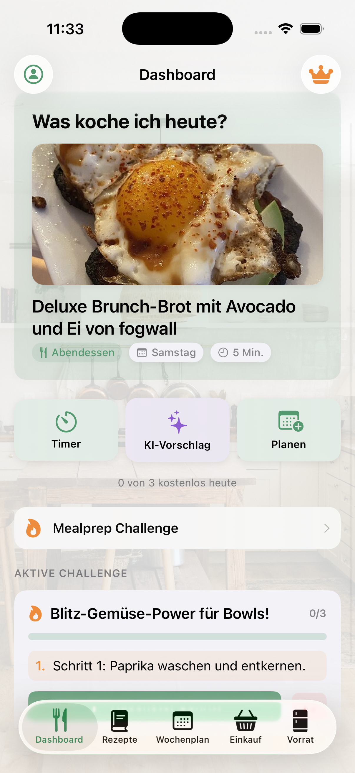 MealFlow App — Dashboard mit KI-Rezeptvorschlägen